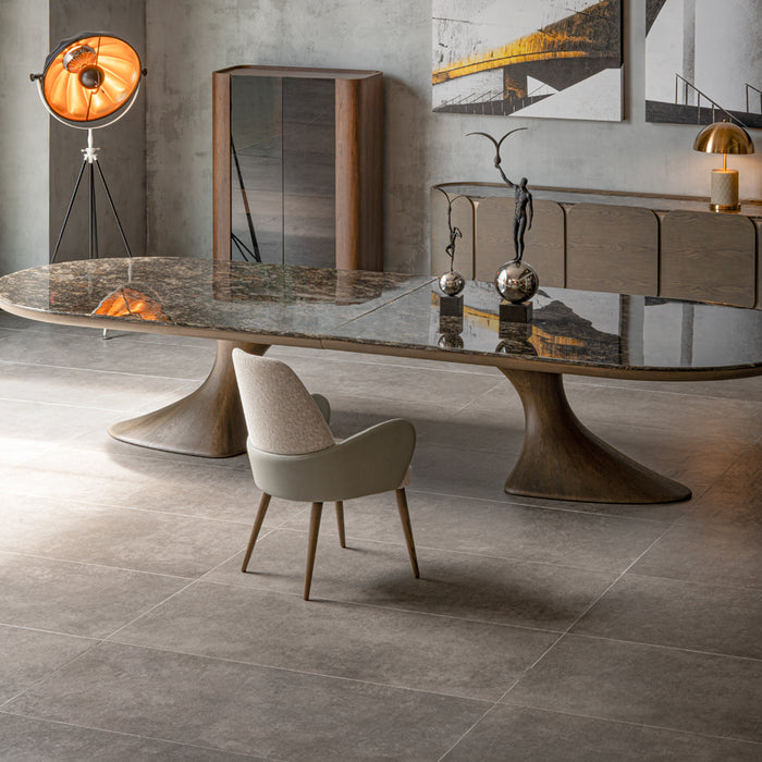 MESA COMEDOR OVALADA CON SOBRE MARMOL SIENA