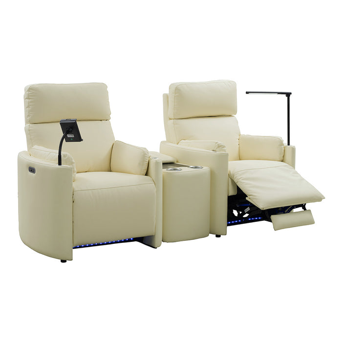 SILLONES DE CUERO RECLINABLES CON MESA CENTRAL BEIGE CLARO