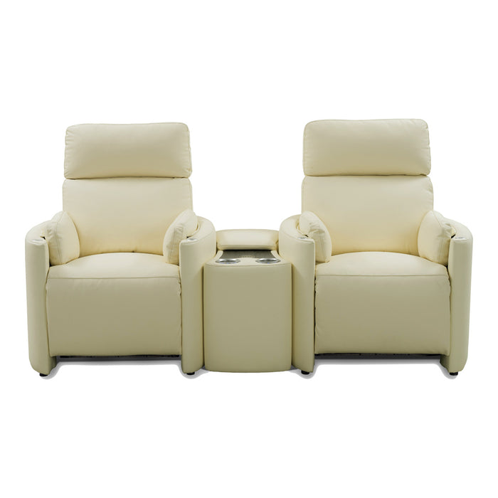 SILLONES DE CUERO RECLINABLES CON MESA CENTRAL BEIGE CLARO