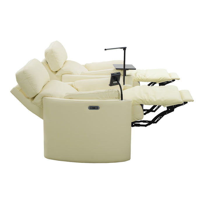 SILLONES DE CUERO RECLINABLES CON MESA CENTRAL BEIGE CLARO