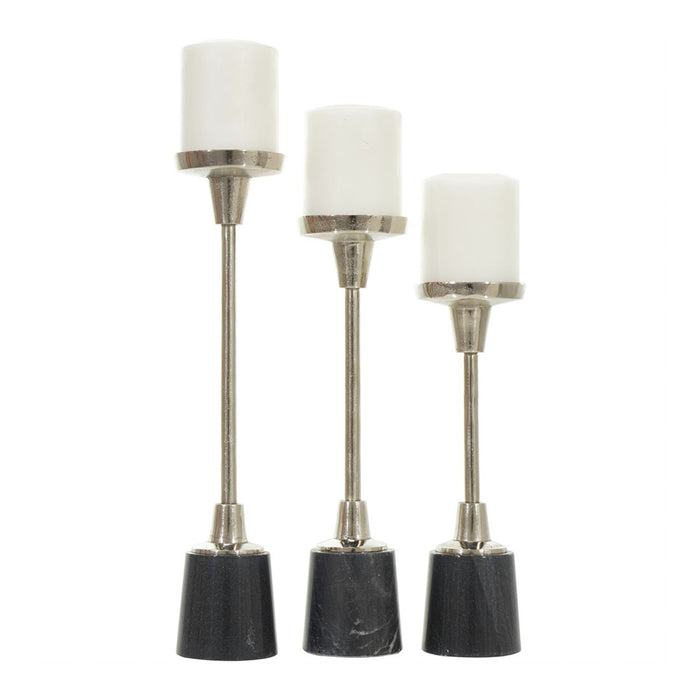 CANDELABROS DELGADO PLATEADO CON BASE SET DE 3