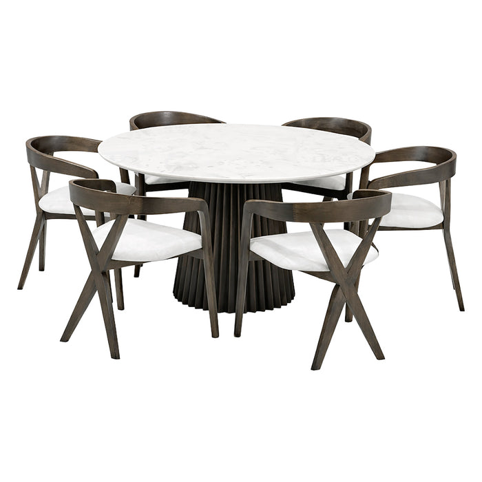 SET COMEDOR (7 PZAS) MADERA GRIS Y TOP MARMOL
