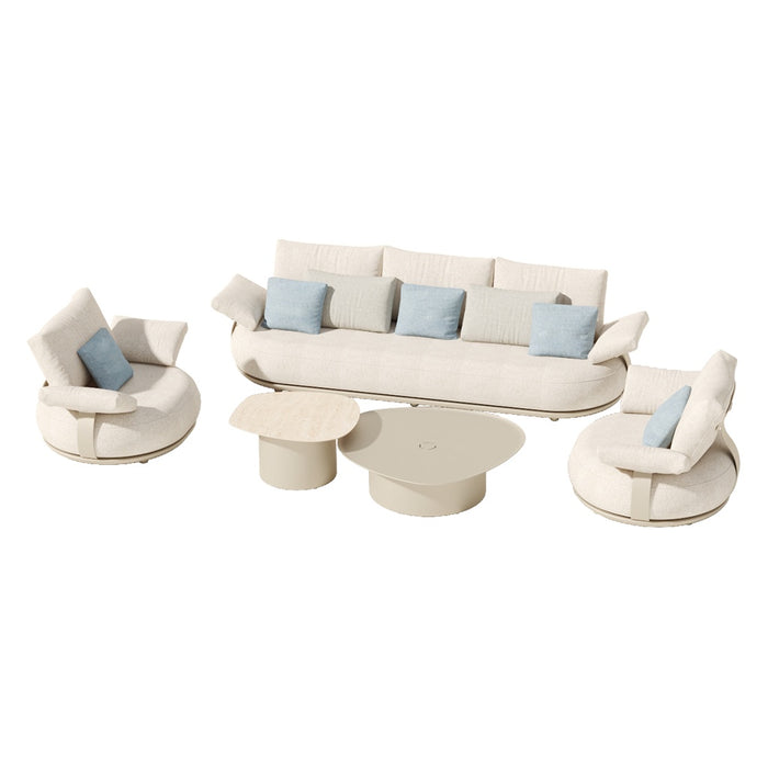 JGO DE SALA P/EXTERIOR CALLA, 5 PZA, ACABADO BEIGE, TELA OFF WHITE-RESPALDAR CHAMPAÑA