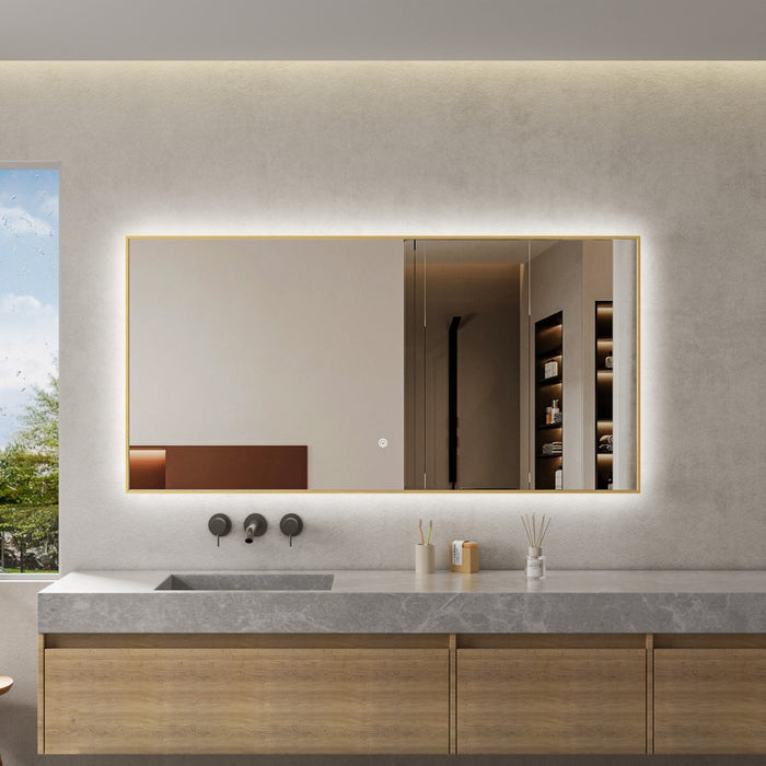 ESPEJO LED RECTANGULAR 140 X 70 CM MARCO DORADO LUZ 3 TONOS